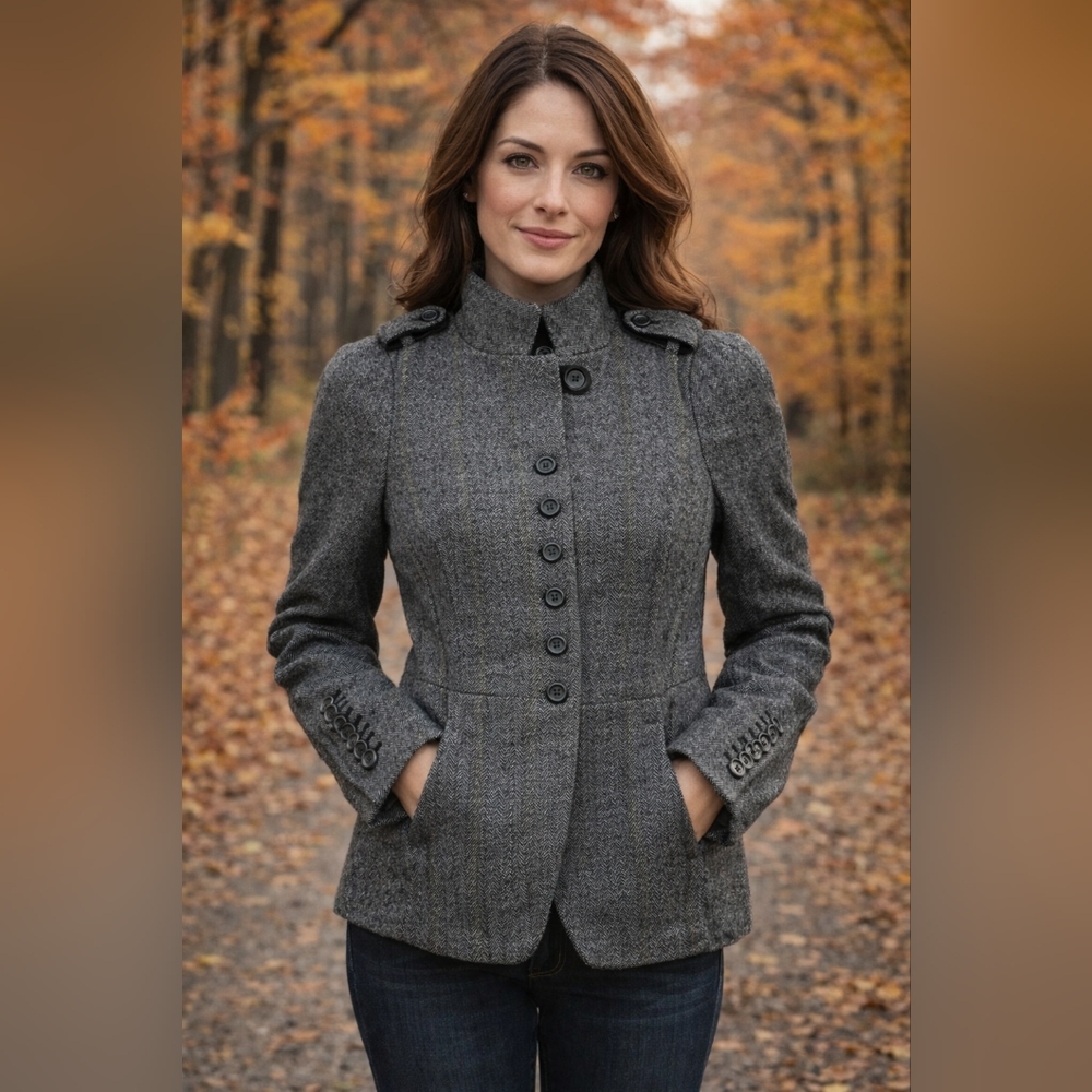 ZARA Wool Blend Peplum Herringbone Military Blazer Jacket Grey MEDIUM